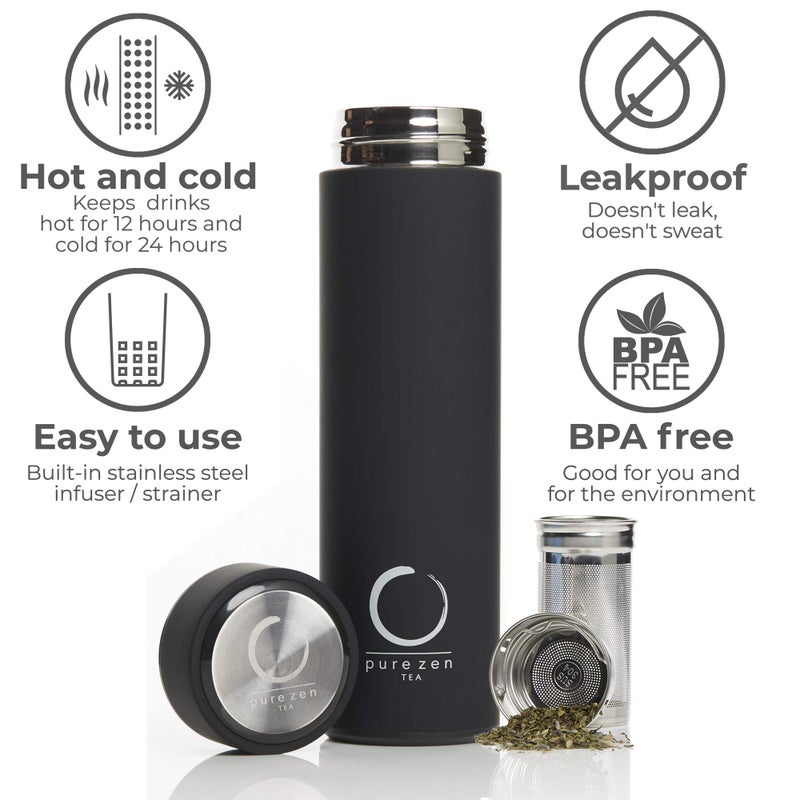 Pure Zen Tea Thermos with Infuser for Hot and Cold Infusions, Coffee and Fruit-Infused Water - Stainless Steel - Tea Infuser Bottle - Leakproof Travel Mug with Filter - 15oz - Black - Image 3